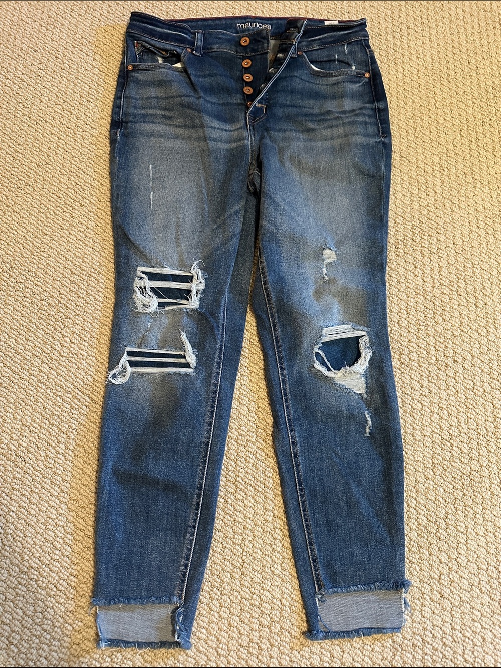 Maurices High Rise Super Skinny Dark Blue Distressed Slim Jeans 5 button up 14R